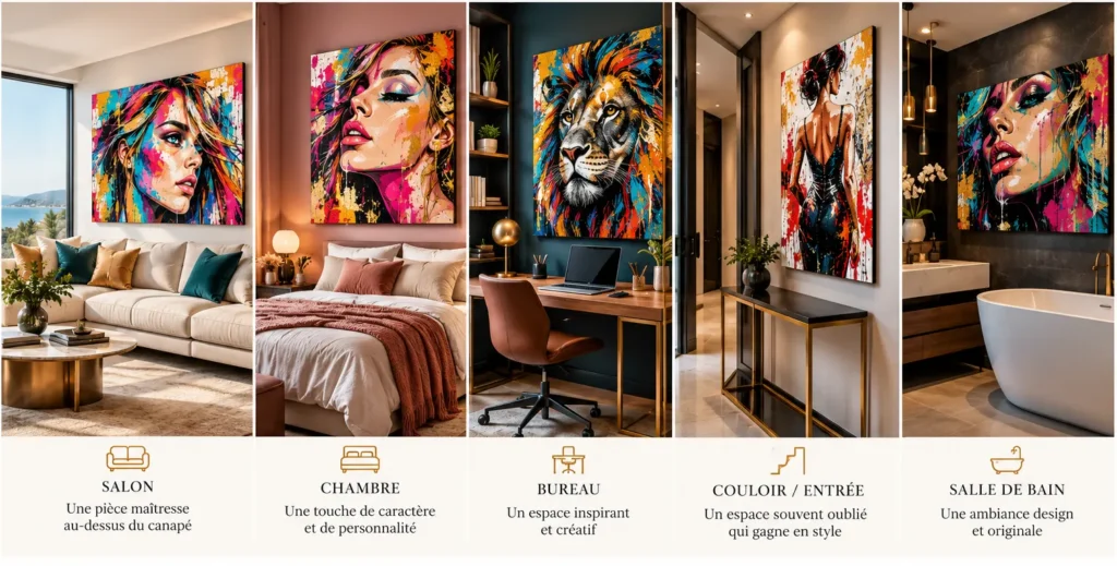 Tableaux Pop Art dans un salon, une chambre, un bureau, une entrée et une salle de bain – LVIP